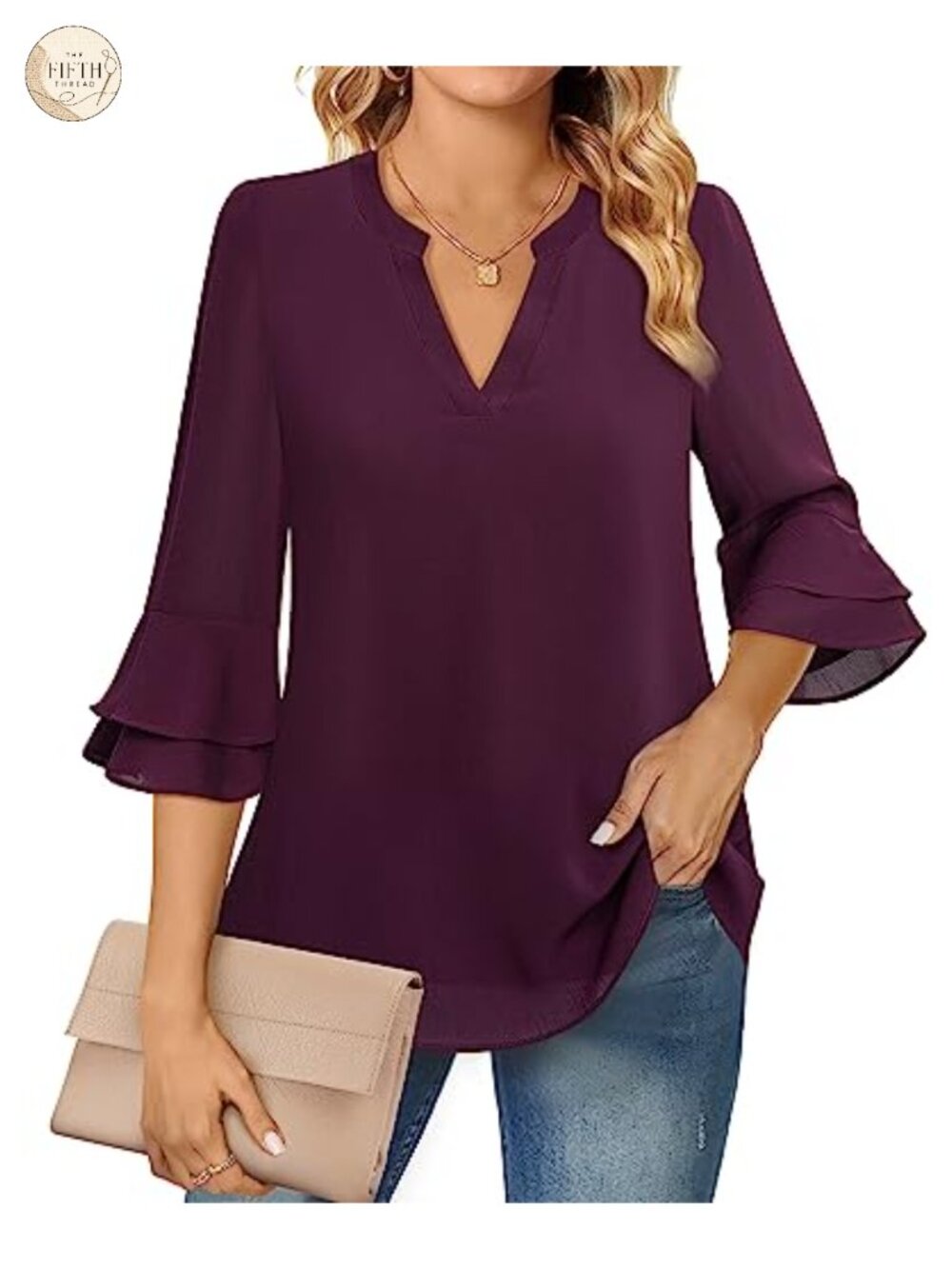 Womens Chiffon Tunic Top 3/4 Bell Sleeve Notch V-Neck Work Blouse
